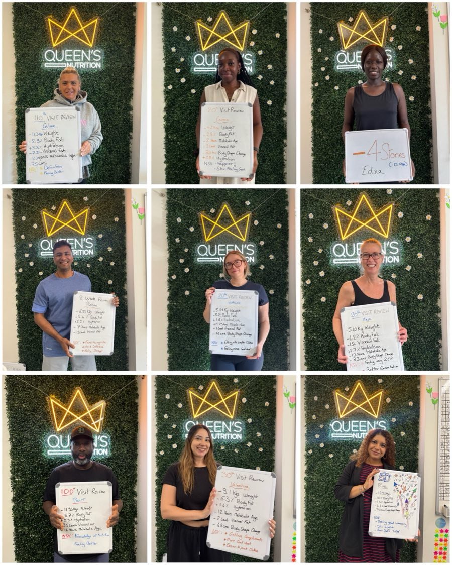 Queen's Nutrition members holding their visit-review boards